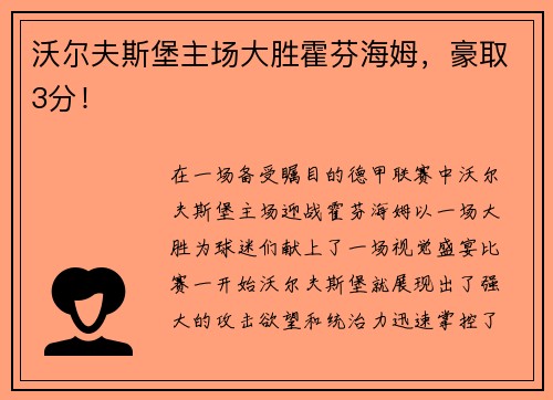 沃尔夫斯堡主场大胜霍芬海姆，豪取3分！