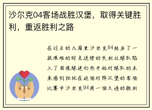 沙尔克04客场战胜汉堡，取得关键胜利，重返胜利之路